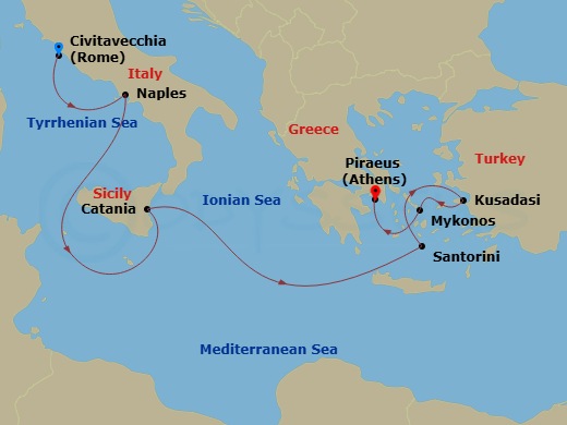 RCL Brilliance of the Seas - 7 Night - Greek Isles & Italy Cruise - RCL Brilliance of the Seas - Starting in Rome (Civitavecchia), Italy, Naples, Italy, Catania, Sicily, Italy, Santorini,.. itinerary map