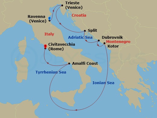 RCL Brilliance of the Seas - 7 Night - Italy, Croatia & the Adriatic - RCL Brilliance of the Seas - Starting in Ravenna, Italy, Trieste, Italy, Split, Croatia, Dubrovnik, Croatia, Sarande.. itinerary map