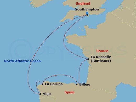 RCL Liberty of the Seas - 7 Night - Spain & France Cruise - RCL Liberty of the Seas - Starting in Southampton, England, Bordeaux (La Rochelle), France, Bilbao, La Coruna, Spain, Vigo,.. itinerary map