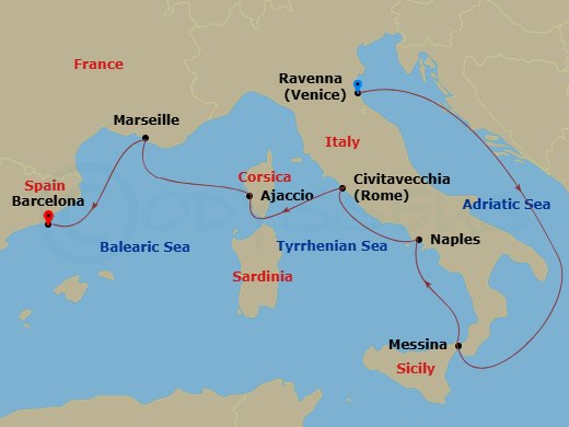 RCL Explorer of the Seas - 7 Night - Italy & France Cruise - RCL Explorer of the Seas - Starting in Ravenna, Italy, Sicily (Messina), Italy, Naples, Italy, Rome (Civitavecchia), Italy,.. itinerary map