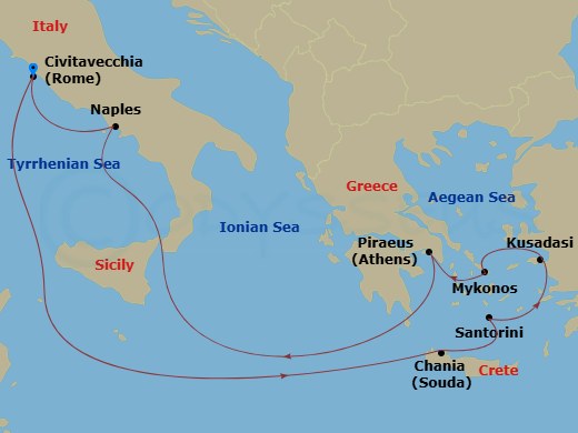 RCL Odyssey of the Seas - 9 Night - Greek Isles Cruise - RCL Odyssey of the Seas - Starting in Rome (Civitavecchia), Italy, Chania (Souda), Crete, Greece, Santorini, Greece, Ephesus (K.. itinerary map