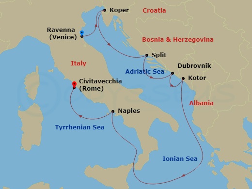 RCL Brilliance of the Seas - 7 Night - Italy, Croatia & the Adriatic - RCL Brilliance of the Seas - Starting in Ravenna, Italy, Koper, Slovenia, Split, Croatia, Dubrovnik, Croatia, Kotor,.. itinerary map
