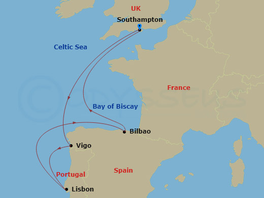 RCL Liberty of the Seas - 7 Night - Spain & Portugal Cruise - RCL Liberty of the Seas - Starting in Southampton, England, Vigo, Spain, Lisbon, Portugal, Bilbao, Southampton, England itinerary map