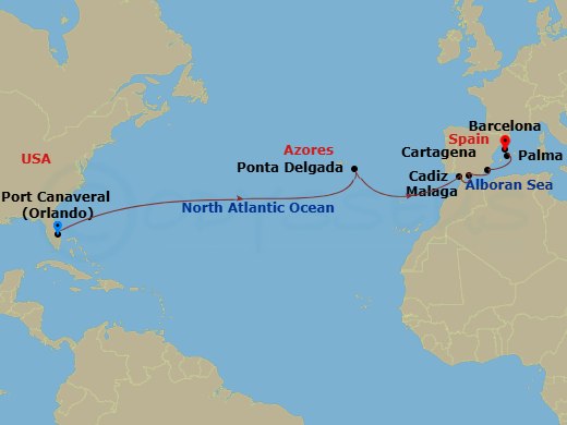 RCL Explorer of the Seas - 14 Night - Spain & Portugal Transatlantic - RCL Explorer of the Seas - Starting in Orlando (Port Canaveral), Fl, Ponta Delgada, Azores, Seville (Cadiz), Spain.. itinerary map