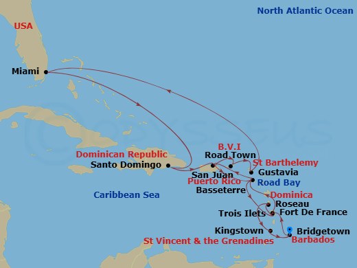 EXPLORA I - 19 Night - An Extended Journey of Wild Grace - EXPLORA I - Starting in Bridgetown, Fort-de-France, Martinique, Basseterre, San Juan, Tortola / Road Town, St J.. itinerary map
