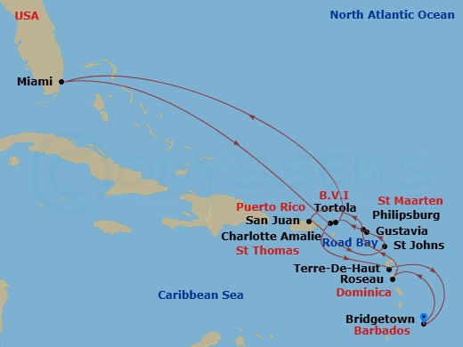 EXPLORA I - 15 Night - An Extended Journey to Enchanting Isles - EXPLORA I - Starting in Bridgetown, Roseau, St Maarten / Philipsburg, San Juan, Road Bay, St Johns AG, An.. itinerary map