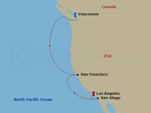 Coral Princess - 6 Night - Pacific Wine Country - Coral Princess - Starting in Vancouver, Canada, San Francisco, California, San Diego, California, Los Angeles, California itinerary map