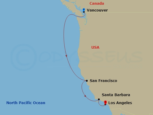 Grand Princess - 6 Night - Pacific Wine Country - Grand Princess - Starting in Vancouver, Canada, San Francisco, California, Santa Barbara, California, Los Angeles, California itinerary map