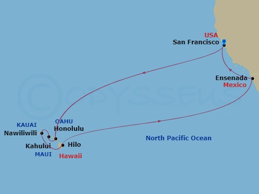 Ruby Princess - 16 Night - Hawaiian Islands Holiday - Ruby Princess - Starting in San Francisco, California, Hilo, Hawaii, Honolulu, Hawaii, Kauai (Nawiliwili), Hawaii, Kahul.. itinerary map