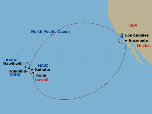 Emerald Princess - 16 Night - Hawaiian Islands - Emerald Princess - Starting in Los Angeles, California, Honolulu, Hawaii, Kauai (Nawiliwili), Hawaii, Kahului, Hawaii, Kona, Haw.. itinerary map