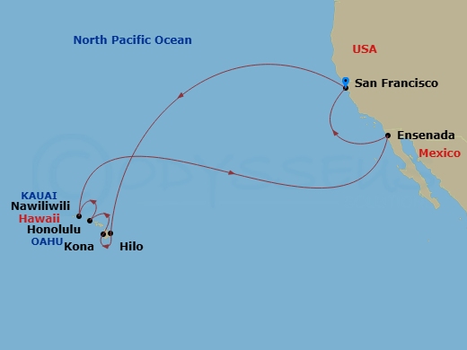 Ruby Princess - 16 Night - Hawaiian Islands - Ruby Princess - Starting in San Francisco, California, Hilo, Hawaii, Kona, Hawaii, Honolulu, Hawaii, Kauai (Nawiliwili), Hawaii,.. itinerary map