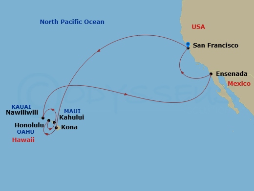 Ruby Princess - 16 Night - Hawaiian Islands - Ruby Princess - Starting in San Francisco, California, Kona, Hawaii, Honolulu, Hawaii, Kahului, Hawaii, Kauai (Nawiliwili), Hawa.. itinerary map