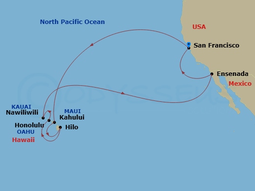 Ruby Princess - 16 Night - Hawaiian Islands - Ruby Princess - Starting in San Francisco, California, Kahului, Hawaii, Hilo, Hawaii, Honolulu, Hawaii, Kauai (Nawiliwili), Hawa.. itinerary map