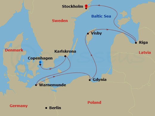 6 Night - Northern Europe - MSC Magnifica - Starting in Copenhagen, Denmark, Karlskrona, Sweden, Warnemunde (Berlin), Germany, Gdynia (Gdansk), Poland, Visby, Sweden, Riga, Latvia, Stockholm, Sweden itinerary map