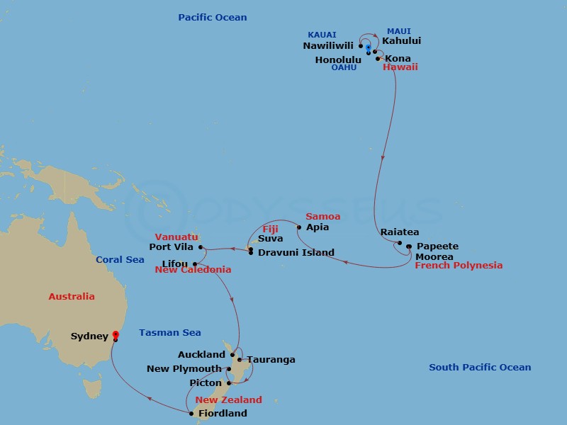 34 Night - Hawaii & South Pacific Crossing - Coral Princess - Starting in Honolulu, Hawaii, Kauai (Nawiliwili), Hawaii, Kahului, Hawaii, Kona, Hawaii, Raiatea, French Polynesia, Moorea, French Polynesia, Tahiti (Papeete), French Polynesia, Cross International Date Line, Apia, Western Samoa, Suva, Fiji, Dravuni Island, Fiji, Port Vila, Vanuatu, Lifou, New Caledonia, Auckland, New Zealand, Tauranga, New Zealand, Picton, New Zealand, New Plymouth, New Zealand, Fiordland National Park (Scenic Cruising), Sydney AU itinerary map