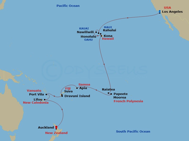 Coral Princess - 31 Night - Hawaii & South Pacific Crossing - Coral Princess - Starting in Los Angeles, California, Honolulu, Hawaii, Kauai (Nawiliwili), Hawaii, Kahului, Hawa.. itinerary map