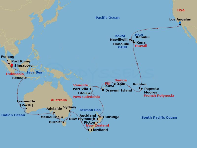 Coral Princess - 60 Night - South Pacific - Los Angeles to Singapore - Coral Princess - Starting in Los Angeles, California, Honolulu, Hawaii, Kauai (Nawiliwili), Hawaii, Kahu.. itinerary map
