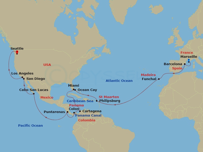 MSC Poesia - 33 Night - Msc Grand Voyages - MSC Poesia - Starting in Marseille (Provence), France, Barcelona, Spain, Funchal (Madeira Islands), Portugal, Philipsburg, St M.. itinerary map