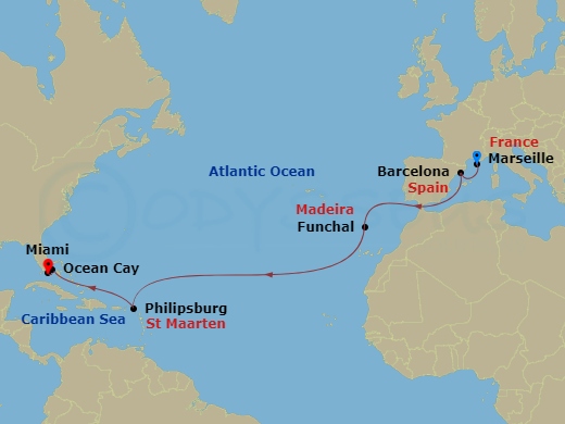 MSC Poesia - 15 Night - Mrs - MSC Poesia - Starting in Marseille (Provence), France, Barcelona, Spain, Funchal (Madeira Islands), Portugal, Philipsburg, St Maarten, Ocean.. itinerary map
