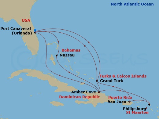 Sky Princess - 14 Night - Eastern Caribbean Adventurer - Sky Princess - Starting in Port Canaveral (Orlando), Florida, Amber Cove, Dominican Republic, St Maarten, San Juan,.. itinerary map
