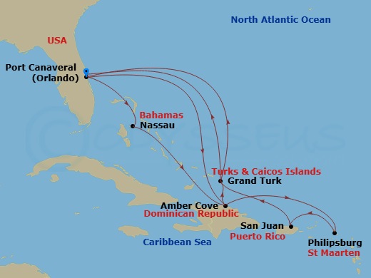 Sky Princess - 14 Night - Eastern Caribbean Adventurer - Sky Princess - Starting in Port Canaveral (Orlando), Florida, Nassau, Bahamas, Amber Cove, Dominican Republic, Grand.. itinerary map