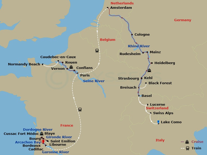 Avalon Envision Cruise Tours - 25 Night - Vineyards, Chateaux & Bordeaux with Swiss Alps, in Lake Como & in Lucerne - Avalon Envision Cruise Tours - Starting in Lake Como, Italy, Lake Como,.. itinerary map
