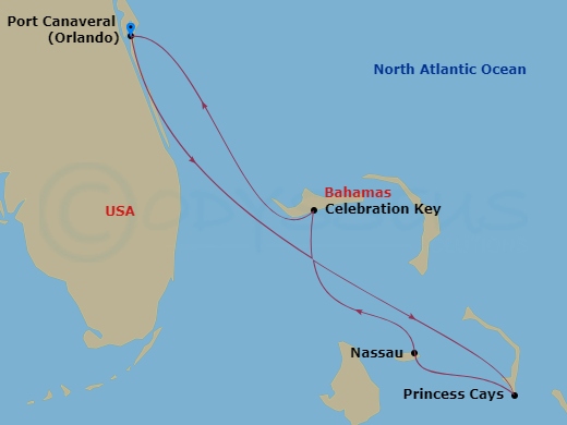 Carnival Freedom - 5 Night - Bahamas - Carnival Freedom - Starting in Port Canaveral (Orlando), Fl, Princess Cays, the Bahamas, Nassau, Bahamas, Celebration Key, the Bahamas, Po.. itinerary map