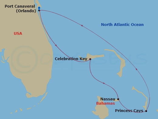 Carnival Freedom - 5 Night - Bahamas - Carnival Freedom - Starting in Port Canaveral (Orlando), Fl, Celebration Key, the Bahamas, Nassau, Bahamas, Princess Cays, the Bahamas, Po.. itinerary map