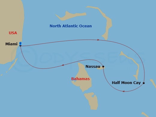 Carnival Conquest - 4 Night - Bahamas - Carnival Conquest - Starting in Miami, Fl, Relaxaway, Half Moon Cay, Nassau, Bahamas, Miami, Fl itinerary map