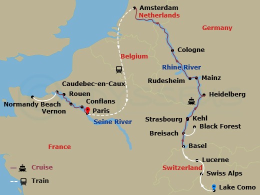 Avalon Envision Cruise Tours - 18 Night - Timeless Rivers of Europe : the Rhine and Seine with Swiss Alps, in Lake Como & in Lucerne - Avalon Envision Cruise Tours - Starting in Lake Como,.. itinerary map