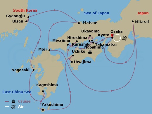 15 Night - Coastal Japan : Imperial Dynasties and Modern Culture - National Geographic Resolution Tours - Starting in Osaka, Japan, Osaka / Embark Ship, Naoshima / Okayama / Kurashiki, Takamatsu, Miyajima / Hiroshima, Uwajima / Uchiko, Yakushima Island, Kagoshima, Nagasaki, Ulsan, South Korea / Gyeongju, Matsue, Japan, Moji, Mitarai, Osaka / Disembark Ship / Kyoto, Kyoto / Osaka itinerary map