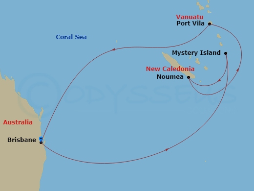 RCL Voyager of the Seas - 8 Night - South Pacific Cruise - RCL Voyager of the Seas - Starting in Brisbane, Australia, Mystery Island, Vanuatu, Noumea, New Caledonia, Vila, Vanuatu, Bri.. itinerary map