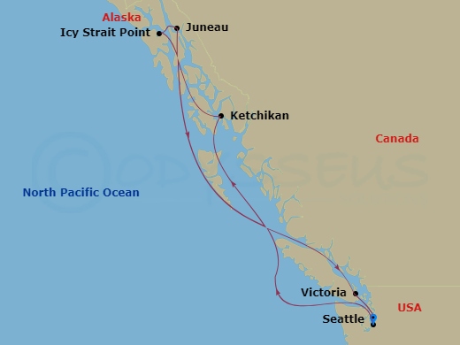 RCL Anthem of the Seas - 7 Night - Alaska Experience Cruise - RCL Anthem of the Seas - Starting in Seattle, Washington, Ketchikan, Alaska, Icy Strait Point, Alaska, Juneau, Alaska, Vi.. itinerary map