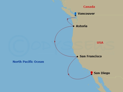 RCL Serenade of the Seas - 5 Night - Pacific Coastal Cruise - RCL Serenade of the Seas - Starting in Vancouver, British Columbia, Astoria, Oregon, San Francisco, California, San Diego,.. itinerary map