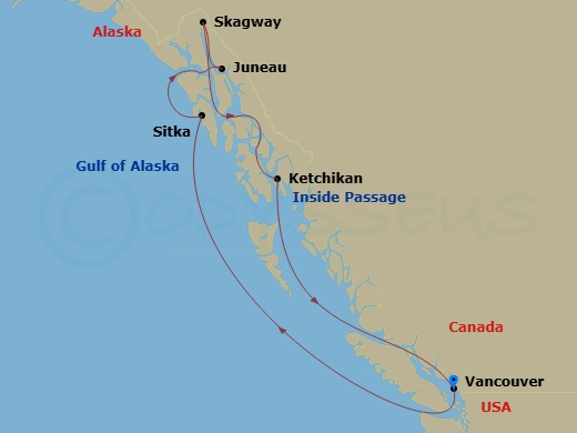 RCL Serenade of the Seas - 7 Night - Alaska Inside Passage Cruise - RCL Serenade of the Seas - Starting in Vancouver, British Columbia, Inside Passage (Cruising), Sitka, Alaska, Juneau,.. itinerary map
