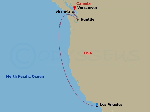 RCL Serenade of the Seas - 5 Night - Pacific Coastal Cruise - RCL Serenade of the Seas - Starting in Los Angeles, California, Seattle, Washington, Victoria CA, Canada, Vancouver, Britis.. itinerary map