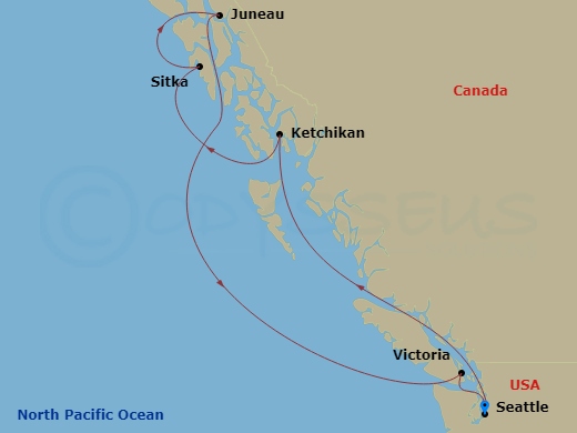 RCL Anthem of the Seas - 7 Night - Alaska Experience Cruise - RCL Anthem of the Seas - Starting in Seattle, Washington, Ketchikan, Alaska, Sitka, Alaska, Juneau, Alaska, Victoria CA,.. itinerary map