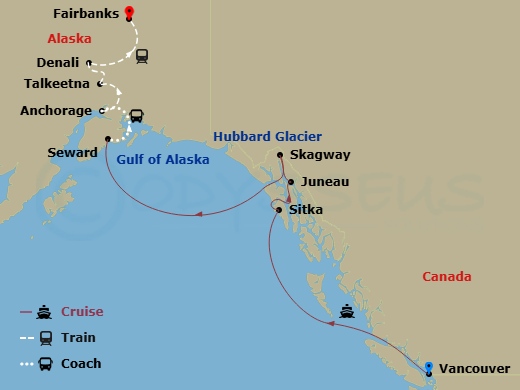RCL Ovation Of The Seas Cruise Tours - 13 Night - Alaska Wilderness Spectacular Ct 8A - RCL Ovation Of The Seas Cruise Tours - Starting in Vancouver, British Columbia, Sitka, Alaska, Juneau, Alaska.. itinerary map