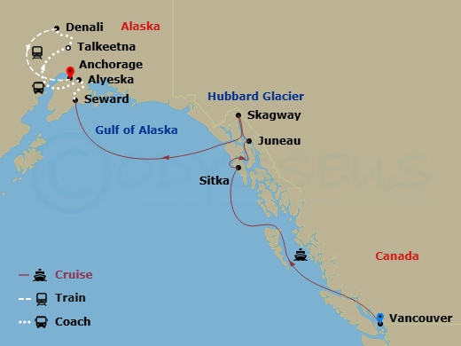 RCL Ovation Of The Seas Cruise Tours - 11 Night - Mountain Valley Explorer Ct 3A - RCL Ovation Of The Seas Cruise Tours - Starting in Vancouver, British Columbia, Sitka, Alaska, Juneau, Alaska, Ska.. itinerary map
