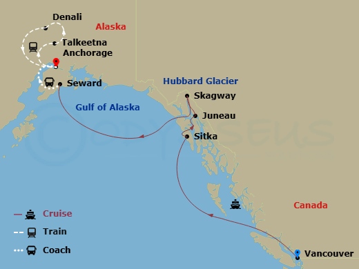 RCL Ovation Of The Seas Cruise Tours - 10 Night - Family Tundra Express Ct 9A - RCL Ovation Of The Seas Cruise Tours - Starting in Vancouver, British Columbia, Sitka, Alaska, Juneau, Alaska, Skagwa.. itinerary map