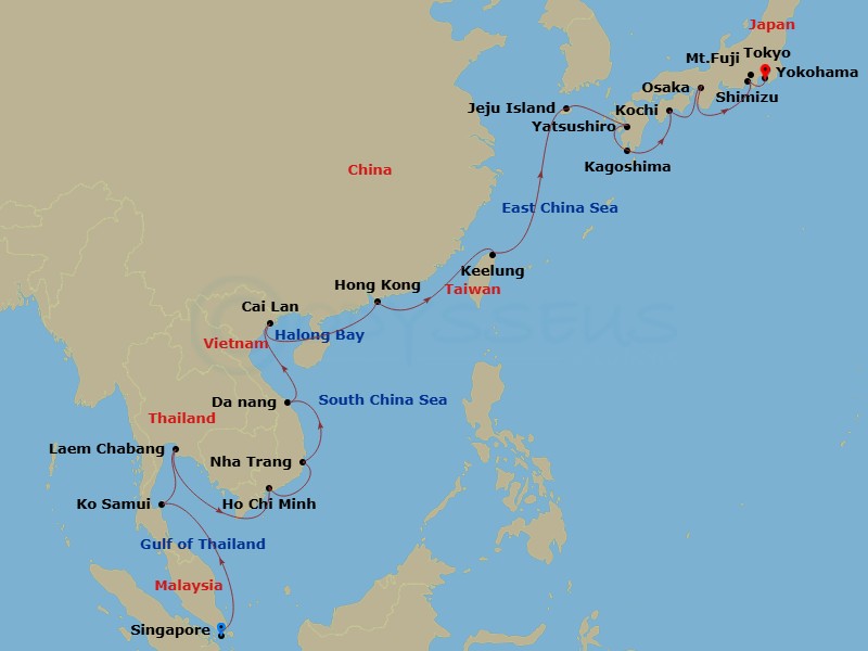 Coral Princess - 25 Night - Southeast Asia & Japan - Coral Princess - Starting in Singapore, Ko Samui, Thailand, Laem Chabang (for Bangkok), Thailand, Ho Chi Minh City (Phu My.. itinerary map