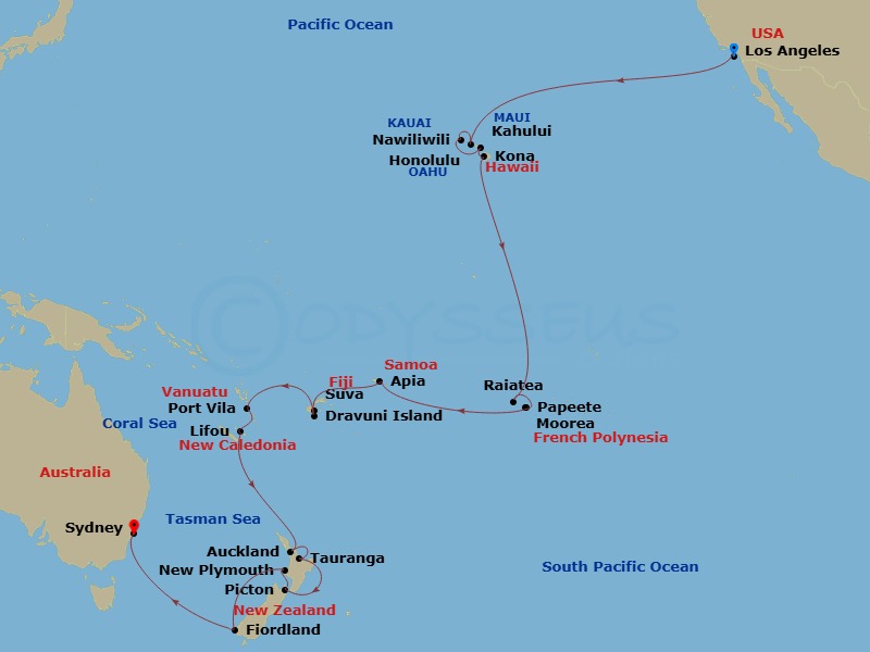 Coral Princess - 40 Night - Hawaii, Tahiti & South Pacific Crossing - Coral Princess - Starting in Los Angeles, California, Honolulu, Hawaii, Kauai (Nawiliwili), Hawaii, Kahul.. itinerary map