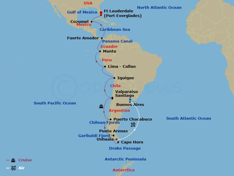 Viking Polaris Cruise Tours - 41 Night - Antarctic Explorer & the Americas - Viking Polaris Cruise Tours - Starting in Buenos Aires, Ushuaia, Sail the Drake Passage, Antarctica, Sail the D.. itinerary map