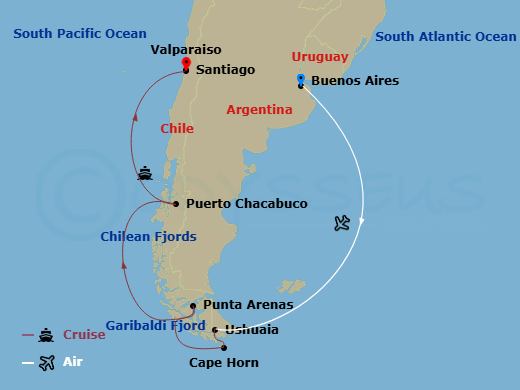Viking Octantis Cruise Tours - 13 Night - Argentina & the Chilean Fjords - Viking Octantis Cruise Tours - Starting in Buenos Aires, Ushuaia, Scenic Sailing : Cape Horn, Garibaldi Fjord, Chi.. itinerary map