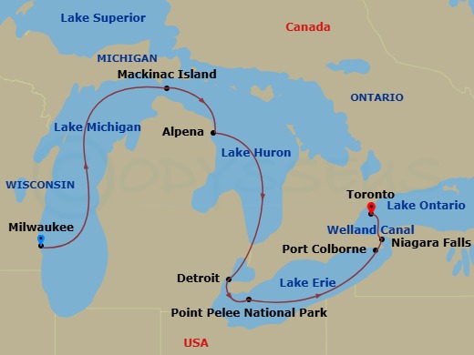 Viking Polaris - 7 Night - Niagara & the Great Lakes - Viking Polaris - Starting in Milwaukee, Wisconsin, Mackinac Island, Michigan, Alpena, Michigan, Detroit, Michigan, Point.. itinerary map