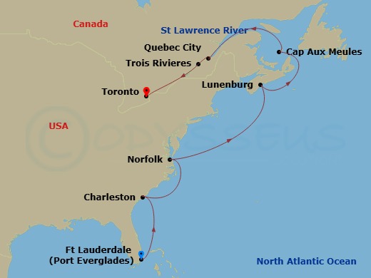 Viking Polaris - 14 Night - Canada & East Coast Explorer - Viking Polaris - Starting in Fort Lauderdale, Florida, Sail the Atlantic Ocean, Charleston, South Carolina, Sail the.. itinerary map
