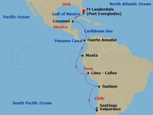 Viking Polaris - 17 Night - Panama & Scenic South America - Viking Polaris - Starting in Santiago (Valparaiso), Sail the Pacific Ocean, Iquique, Sail the Pacific Ocean, Lima (.. itinerary map