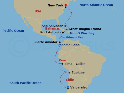 Viking Octantis - 19 Night - Panama Canal & the Americas - Viking Octantis - Starting in Santiago (Valparaiso), Sail the Pacific Ocean, Iquique, Sail the Pacific Ocean, Lima (C.. itinerary map