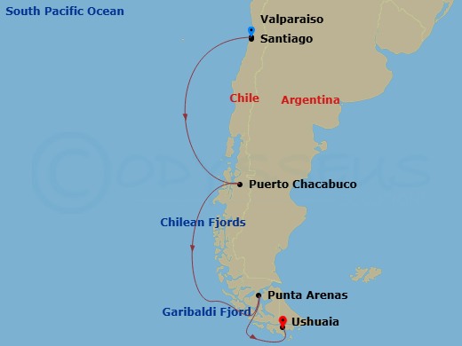Viking Octantis - 12 Night - Chilean Fjords & Scenic Shores - Viking Octantis - Starting in Santiago (Valparaiso), Sail the Pacific Ocean, Scenic Sailing Chilean Fjords, Puerto.. itinerary map