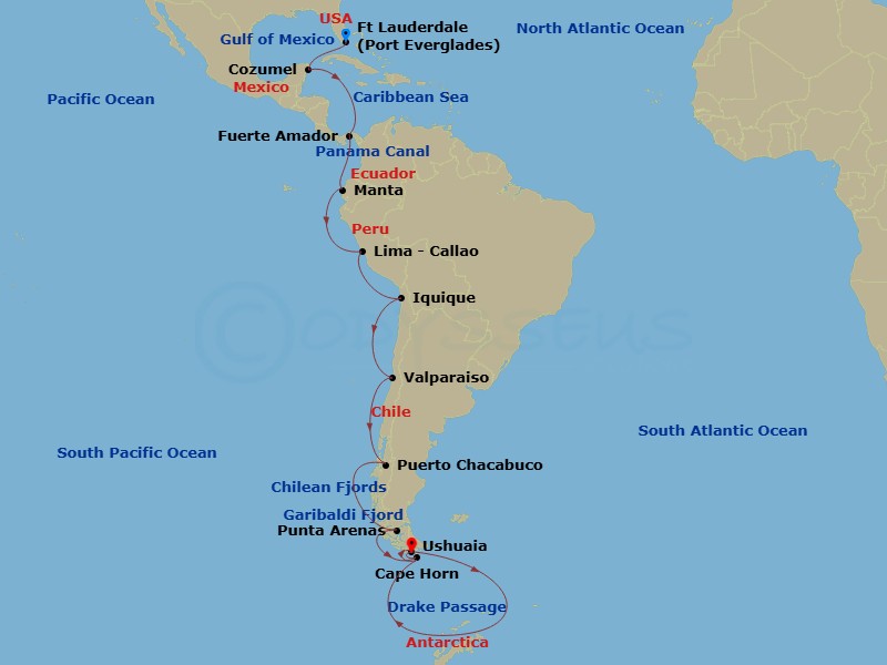 Viking Octantis - 40 Night - The Americas & Antarctic Explorer - Viking Octantis - Starting in Fort Lauderdale, Florida, Scenic Sailing Gulf of Mexico, Cozumel, Mexico, Sail th.. itinerary map